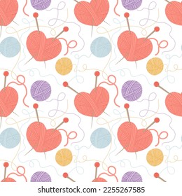 Seamless pattern with balls of yarns and heart shaped yarns for knitting. Female hobby concept. Modern print for fabric, textiles, wrapping paper. Vector illustration