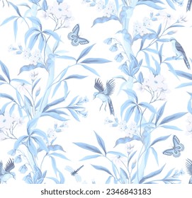 Seamless pattern with bamboo, bird and  pink flowers. Vector