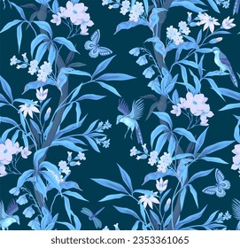 Seamless pattern with bamboo, bird and  pink flowers. Vector