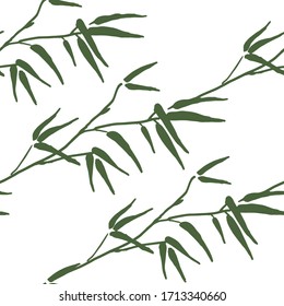 Patrón transparente de ramas de bambú sobre fondo blanco. Imagen vectorial del bambú verde. Imprimir para tela, papel de embalaje, papel tapiz, postales, tapas para portátiles.
