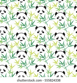 Seamless pattern with bamboo branches and panda head on a white background. Vector background.