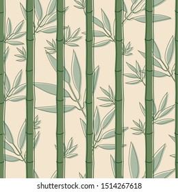 Seamless pattern with bamboo and green leaves in soft yellow background