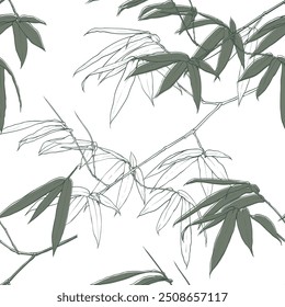 Seamless pattern bamboo leaves abstract background.Vector illustration hand drawn line art.For fabric fashion print design or product packaging.