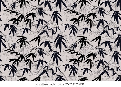 Seamless pattern bamboo leaves abstract background.Vector illustration hand drawn line art.For fabric fashion print design or product packaging.