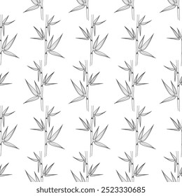 Seamless pattern of bamboo leaves, black on white background. Botanical hand drawn illustration