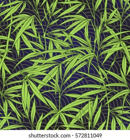 Seamless pattern with bamboo leaves and branches in Japanese style. Vector stock illustration.