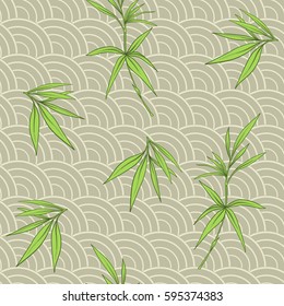 Seamless pattern with bamboo leaves and branches in Japanese style. Vector stock illustration.