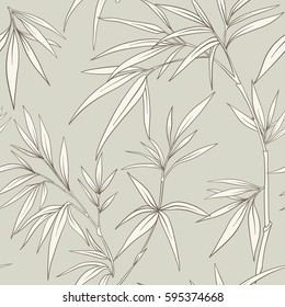 Seamless pattern with bamboo leaves and branches in Japanese style. Vector stock illustration.