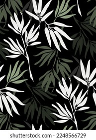 Seamless pattern of bamboo leaves on black background. Abstract bamboo plants texture. Vector illustration.