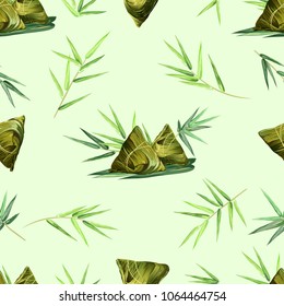 Seamless pattern with bamboo leaves and rice dumplings, vector background with seamless texture for print design.