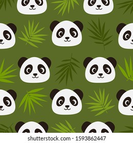 A seamless pattern with bamboo leaves and smiling panda face. Cute animal. Wrapping and fabric print. Colorful backdrop