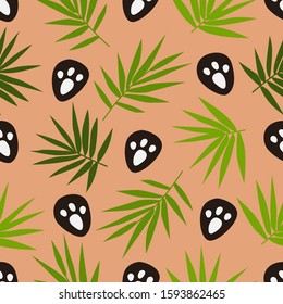 A seamless pattern with bamboo leaves and traces of panda paws. Wrapping and fabric print. Colorful backdrop