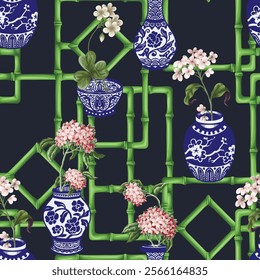 Seamless pattern with bamboo ornament, flowers and blue vases. Vector