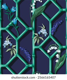 Seamless pattern with bamboo ornament and flowers. Vector