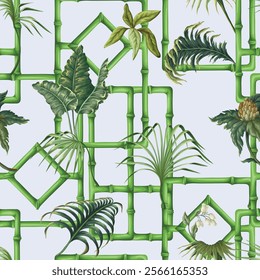 Seamless pattern with bamboo ornament and tropical leaves. Vector