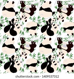 Seamless pattern with bamboo and pandas. Panda in nature.