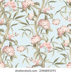 Seamless pattern with bamboo and  pink flowers. Vector