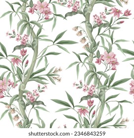 Seamless pattern with bamboo and  pink flowers. Vector