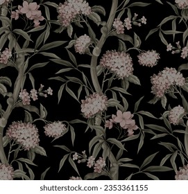 Seamless pattern with bamboo and  pink flowers. Vector