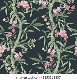 Seamless pattern with bamboo and  pink flowers. Vector