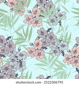 Seamless Pattern with bamboo and sakura. Color sketch style hand drawn background. Detailed illustration, hand drawn. Great for fabric and textile, prints, invitation, packaging