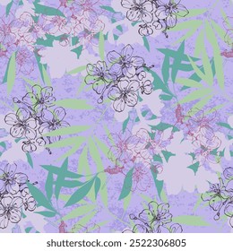 Seamless Pattern with bamboo and sakura. Color sketch style hand drawn background. Detailed illustration, hand drawn. Great for fabric and textile, prints, invitation, packaging