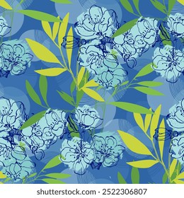 Seamless Pattern with bamboo and sakura. Color sketch style hand drawn background. Detailed illustration, hand drawn. Great for fabric and textile, prints, invitation, packaging