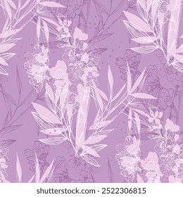 Seamless Pattern with bamboo and sakura. Color sketch style hand drawn background. Detailed illustration, hand drawn. Great for fabric and textile, prints, invitation, packaging