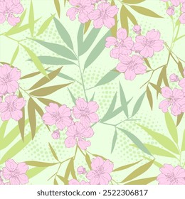 Seamless Pattern with bamboo and sakura. Color sketch style hand drawn background. Detailed illustration, hand drawn. Great for fabric and textile, prints, invitation, packaging