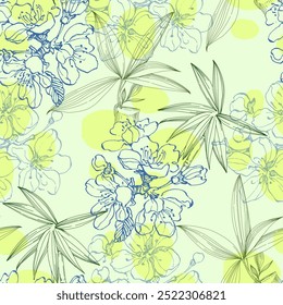 Seamless Pattern with bamboo and sakura. Color sketch style hand drawn background. Detailed illustration, hand drawn. Great for fabric and textile, prints, invitation, packaging