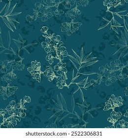 Seamless Pattern with bamboo and sakura. Color sketch style hand drawn background. Detailed illustration, hand drawn. Great for fabric and textile, prints, invitation, packaging