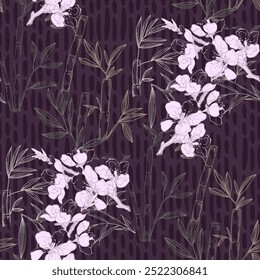 Seamless Pattern with bamboo and sakura. Color sketch style hand drawn background. Detailed illustration, hand drawn. Great for fabric and textile, prints, invitation, packaging