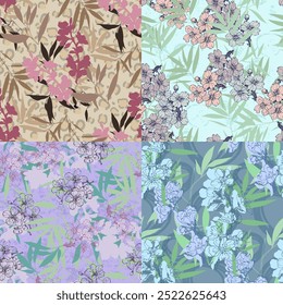 Seamless Pattern with bamboo and sakura. Color sketch style hand drawn background. Detailed illustration, hand drawn. Great for fabric and textile, prints, invitation, packaging
