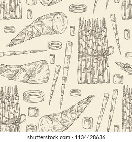 Seamless pattern with bamboo shoots: young bamboo shoot and piece of shoot. Vector hand drawn illustration. 