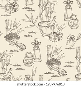 Seamless pattern with bamboo: bamboo stalk and leaves, soap and bath salt . Cosmetic and medical plant. Vector hand drawn illustration. 