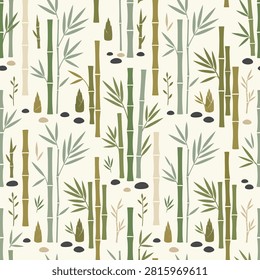 Seamless pattern of bamboo stalks and green leaves for nature inspired design background