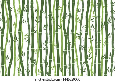 Seamless pattern with bamboo stalks. Silhouette of green bamboo on a white background. Bamboo sticks and leaves. Vector illustration for design work.