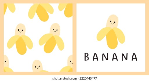 Seamless pattern with banana cartoons with cute face on white background. Banana logo sign vector illustration.