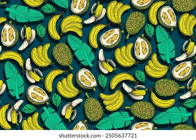 seamless pattern banana and durian vector drawing