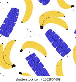 Seamless pattern with banana fruit and banana leaves on a white background. Vector illustration for printing on fabric, tableware, packaging paper, postcard, Wallpaper. Cute children's background. Kit