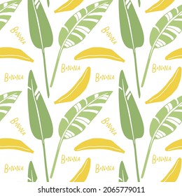Patrón sin foco Frutos y hojas de plátano. Bananas chilenas dibujando a mano. Comida tropical de fondo repetido. Ilustración vectorial de silueta para menú, textil, papel envolvente, papel tapiz, libro de raspado