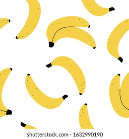 Seamless pattern with banana fruit on a white background. Vector illustration for printing on fabric, tableware, packaging paper, postcard, Wallpaper. Cute children's background. Kitchen interior.