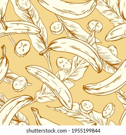 Seamless pattern with banana fruits, slices and leaves. Endless fruity design of drawing background for printing and decoration. Hand-drawn colored vector illustration of monochrome texture.