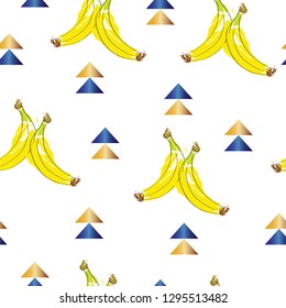 seamless pattern with banana fruits vector - summer theme texture - blue triangles 
