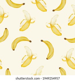 Patrón sin foco de plátano, plátanos completos y pelados con fondo amarillo Plano con ilustración vectorial plana