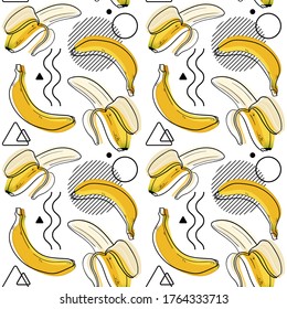 Patrón sin foco con banana y líneas geométricas. Ilustración elegante aislada en fondo blanco