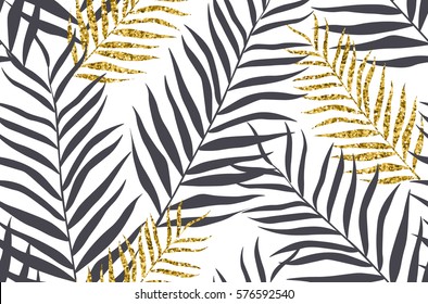 Seamless Pattern With Banana And Golden Palm Leaves In Vector