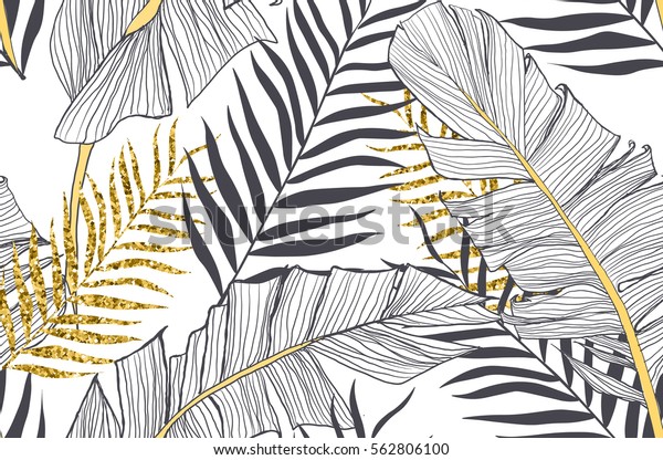 Seamless pattern with banana and golden palm leaves in vector.