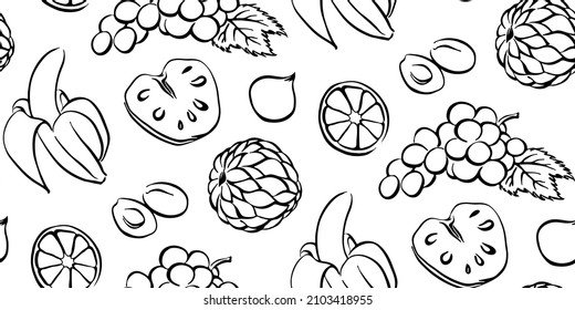 Patrón sin foco con plátano, uva, cítricos, cherimoya. Vector de fruta sin fin dibujado a mano, textura de ilustración gráfica negra sobre fondo blanco.