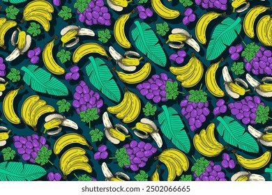 seamless pattern banana and grape vector drawing
